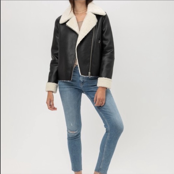 Black Shearling Zip up Leather Moto Jacket - Picture 3 of 6